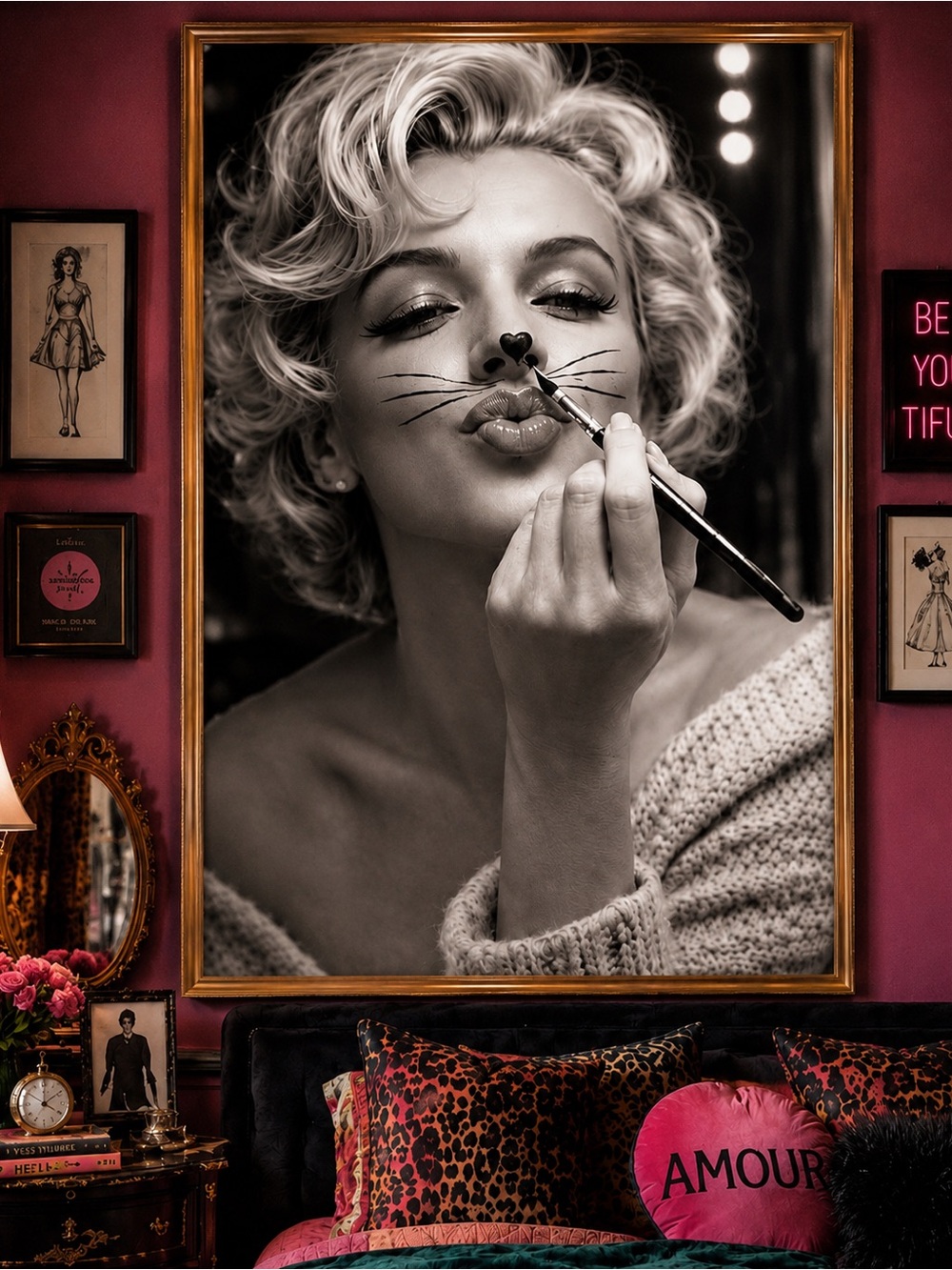 The Cat’s Meow™ Marilyn Monroe Cat Makeup Black White Glam Wall Art Print